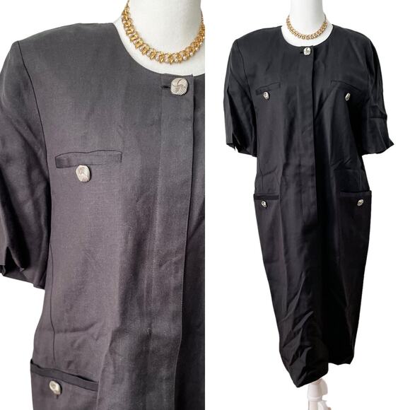 Vintage 80s Linen Blend Secretary Dress Knot Buttons black silver size S/M 6/8 - Picture 1 of 9